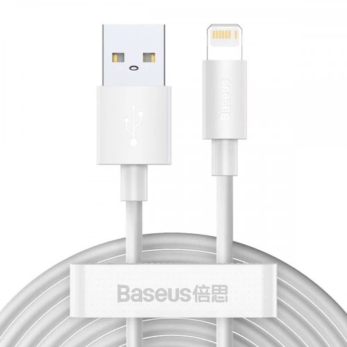USB töltő- és adatkábel, Lightning, 150 cm, 2400 mA, gyorstöltés, Baseus Simple Wisdom, TZCALZJ-02, fehér, 2 db / csomag