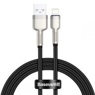   USB töltő- és adatkábel, Lightning, 50 cm, 2400 mA, törésgátlóval, gyorstöltés, cipőfűző minta, Baseus Cafule Metal, CALJK-01, fekete
