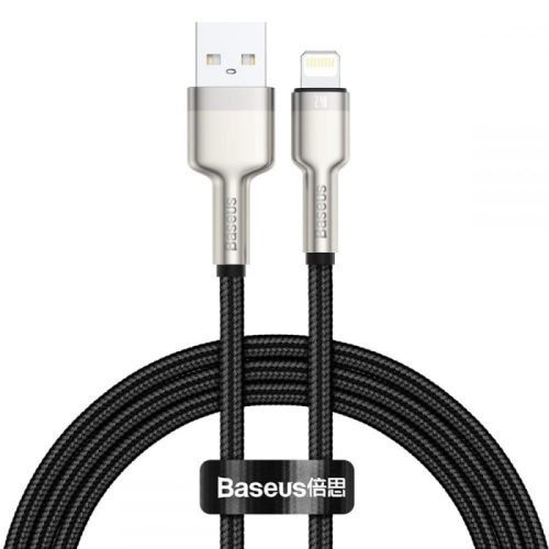 USB töltő- és adatkábel, Lightning, 50 cm, 2400 mA, törésgátlóval, gyorstöltés, cipőfűző minta, Baseus Cafule Metal, CALJK-01, fekete