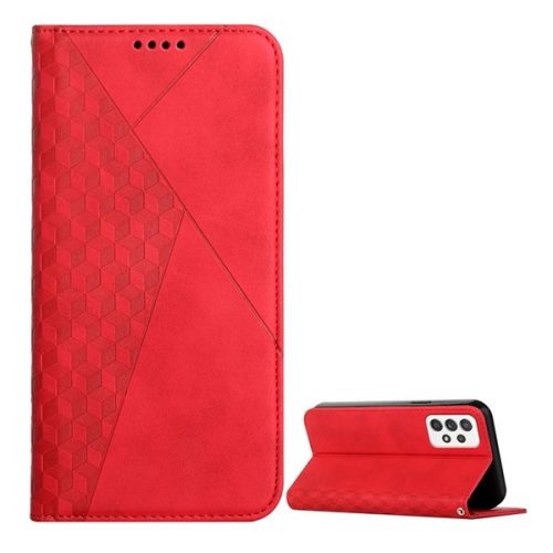 Samsung Galaxy A53 5G SM-A536U, Oldalra nyíló tok, bőrhatású, stand, 3D rombusz minta, piros