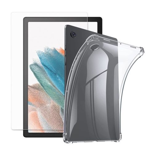 Samsung Galaxy Tab A8 10.5 (2021) SM-X200 / X205, Szilikon tok, + képernyővédő üveg, közepesen ütésálló, légpárnás sarok, átlátszó