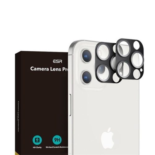 Apple iPhone 12 Pro Max, Kamera lencsevédő fólia, ütésálló fólia, Tempered Glass (edzett üveg), ESR Lens Protector, fekete, 2 db / csomag