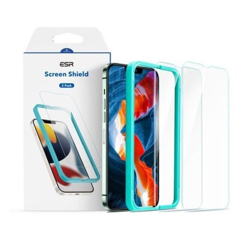 Apple iPhone 13 Mini, Kijelzővédő fólia, ütésálló fólia (az íves részre is!), Tempered Glass (edzett üveg), segéd kerettel, Full Cover, ESR Screen Shield, Clear, 2 db / csomag