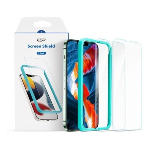 Apple iPhone 13 / 13 Pro / 14, Kijelzővédő fólia, ütésálló fólia (az íves részre is!), Tempered Glass (edzett üveg), segéd kerettel, Full Cover, ESR Screen Shield, Clear, 2 db / csomag