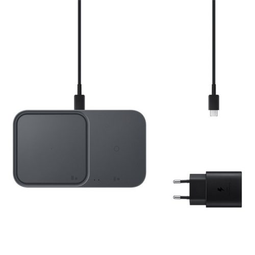 Univerzális vezeték nélküli töltő állomás 2in1, Qi Wireless, 15W, hálózati töltővel és kábellel, gyorstöltés, LED-es, Samsung Dual, gyári, fekete