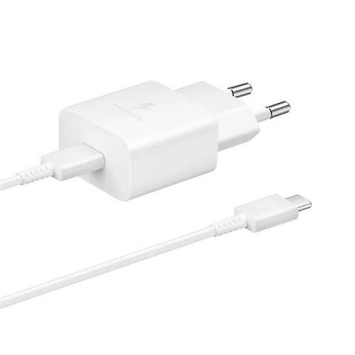 Hálózati töltő adapter, 15W, USB Type-C aljzat, USB Type-C kábellel, PD, gyorstöltés, Samsung, fehér, gyári