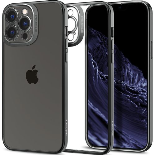 Apple iPhone 13 Pro Max, Szilikon tok, műanyag kerettel, Spigen Optik Crystal, átlátszó/szürke