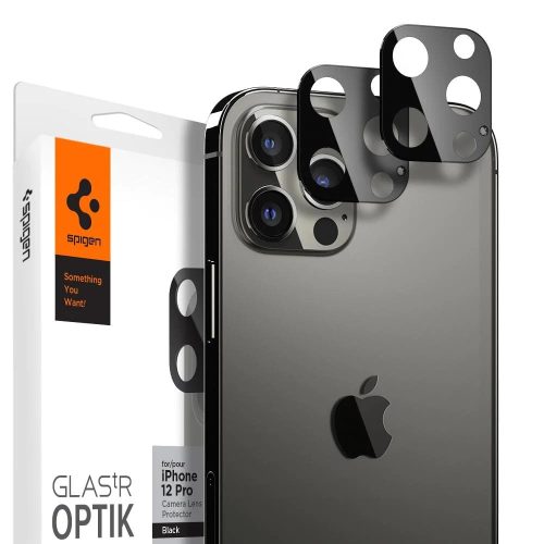Apple iPhone 12 Pro, Kamera lencsevédő fólia, ütésálló fólia, Tempered Glass (edzett üveg), Spigen Glastr Optik, fekete, 2 db / csomag