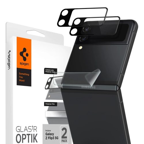 Samsung Galaxy Z Flip3 5G SM-F711B, Kamera lencsevédő fólia, ütésálló fólia, Tempered Glass (edzett üveg), Spigen Glastr Optik, fekete, 2 db / csomag