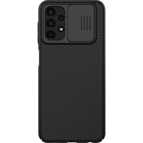 Samsung Galaxy A13 4G SM-A135F / A137F, Műanyag hátlap védőtok, közepesen ütésálló, kamera védelem, csíkos minta, Nillkin CamShield, fekete
