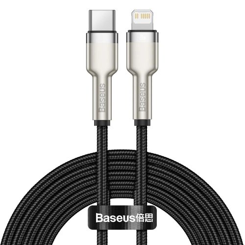 USB Type-C töltő- és adatkábel, Lightning, 200 cm, 20W, törésgátlóval, gyorstöltés, PD, cipőfűző minta, Baseus Cafule Metal, CATLJK-B01, fekete