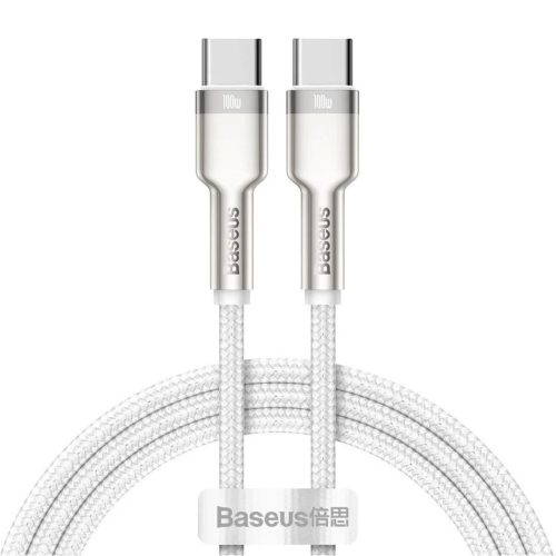 USB Type-C töltő- és adatkábel, USB Type-C, 100 cm, 5000 mA, 100W, gyorstöltés, PD, cipőfűző minta, Baseus Cafule Metal, CATJK-C02, fehér