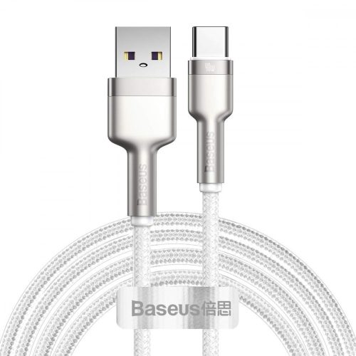 USB töltő- és adatkábel, USB Type-C, 200 cm, 40W, törésgátlóval, gyorstöltés, PD, cipőfűző minta, Baseus Cafule Metal, CATJK-B02, fehér