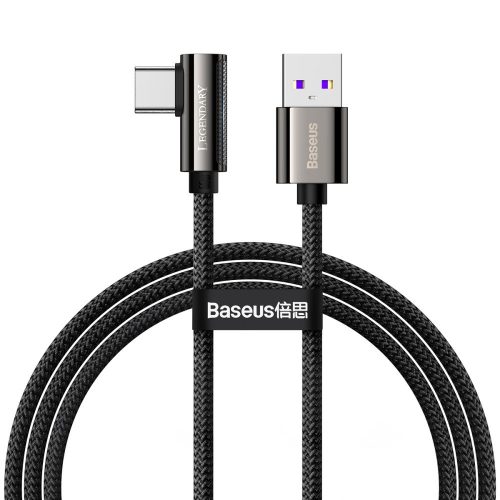 USB töltő- és adatkábel, USB Type-C, 200 cm, 66W, gyorstöltés, PD, 90 fokos/derékszögű, cipőfűző minta, Baseus Legend, CATCS-C01, fekete