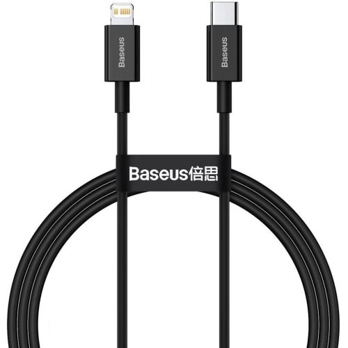 USB Type-C töltő- és adatkábel, Lightning, 100 cm, 20W, törésgátlóval, gyorstöltés, PD, Baseus Superior, CATLYS-A01, fekete