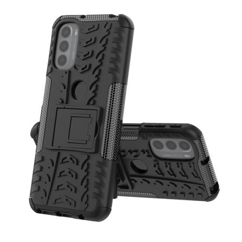 Motorola Moto G31 / G41, Műanyag hátlap védőtok, Defender, kitámasztóval és szilikon belsővel, autógumi minta, fekete
