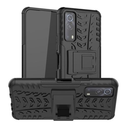 Vivo Y72 5G (V2041), Műanyag hátlap védőtok, Defender, kitámasztóval és szilikon belsővel, autógumi minta, fekete