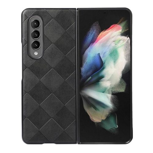 Samsung Galaxy Z Fold3 5G SM-F926B, Műanyag hátlap védőtok, közepesen ütésálló, bőrhatású hátlap, 3D négyzet minta, fekete