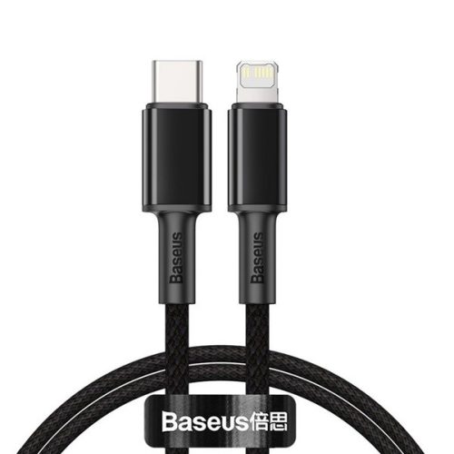 USB Type-C töltő- és adatkábel, Lightning, 200 cm, 20W, törésgátlóval, gyorstöltés, Baseus, CATLGD-A01, fekete