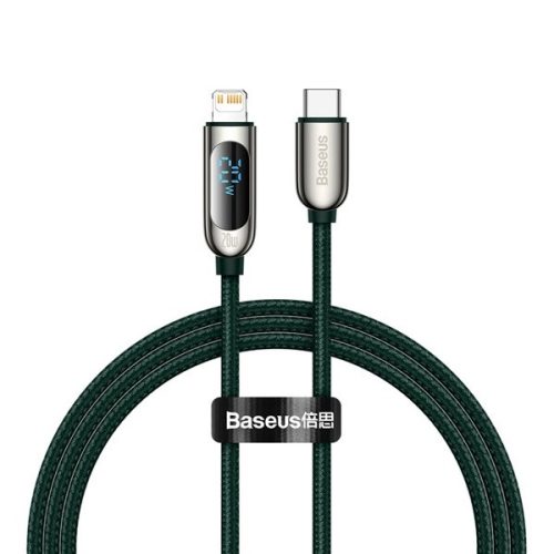 USB Type-C töltő- és adatkábel, Lightning, 100 cm, 2220 mA, 20W, LED kijelzővel, Baseus Display, CATLSK-06, zöld