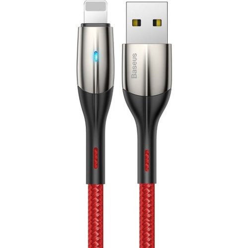 USB töltő- és adatkábel, Lightning, 50 cm, 2400 mA, gyorstöltés, LED-es, Baseus CALSP-A09, piros