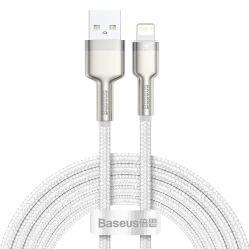 USB töltő- és adatkábel, Lightning, 200 cm, 2400 mA, törésgátlóval, gyorstöltés, cipőfűző minta, Baseus Cafule Metal, CALJK-B02, fehér