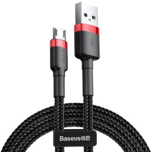 USB töltő- és adatkábel, microUSB, 200 cm, 1500 mA, törésgátlóval, cipőfűző minta, Baseus Cafule, CAMKLF-C91, fekete/piros