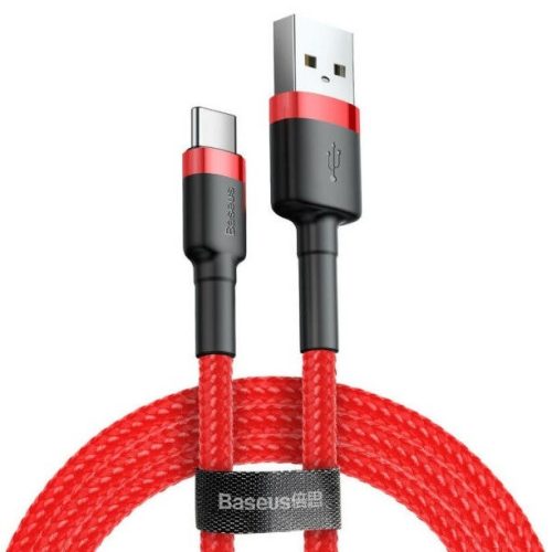 USB töltő- és adatkábel, USB Type-C, 200 cm, 2000 mA, törésgátlóval, gyorstöltés, cipőfűző minta, Baseus Cafule CATKLF-C09, piros