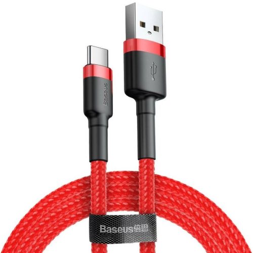 USB töltő- és adatkábel, USB Type-C, 100 cm, 3000 mA, törésgátlóval, gyorstöltés, cipőfűző minta, Baseus Cafule, CATKLF-B09, piros