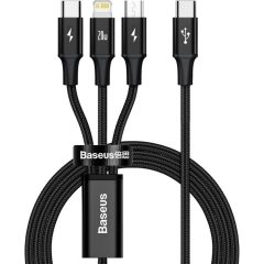   USB Type-C töltő- és adatkábel 3in1, USB Type-C, Lightning, microUSB, 150 cm, 20W, törésgátlóval, gyorstöltés, cipőfűző minta, Baseus Rapid, CAMLT-SC01, fekete