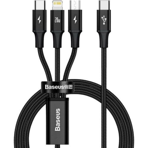USB Type-C töltő- és adatkábel 3in1, USB Type-C, Lightning, microUSB, 150 cm, 20W, törésgátlóval, gyorstöltés, cipőfűző minta, Baseus Rapid, CAMLT-SC01, fekete