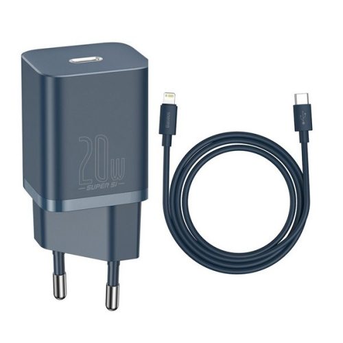 Hálózati töltő adapter, 20W, USB Type-C aljzat, USB Type-C - Lightning kábellel, gyorstöltés, PD, Baseus Si, kék