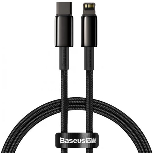 USB Type-C töltő- és adatkábel, Lightning, 200 cm, 20W, törésgátlóval, gyorstöltés, Baseus Tungsten Gold, CATLWJ-A01, fekete