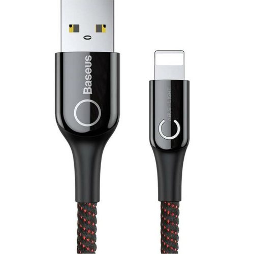USB töltő- és adatkábel, Lightning, 100 cm, 2400 mA, gyorstöltés, LED-es, Baseus C-Shaped Light CALCD-01, fekete