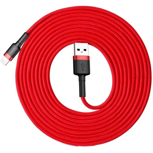 USB töltő- és adatkábel, Lightning, 300 cm, 2000 mA, törésgátlóval, gyorstöltés, cipőfűző minta, Baseus Cafule, CALKLF-R09, piros