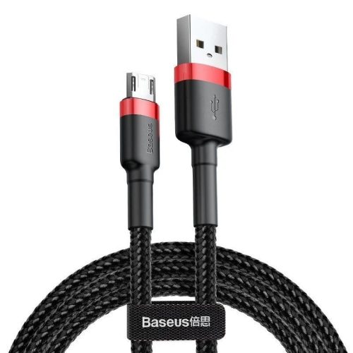 USB töltő- és adatkábel, microUSB, 100 cm, 2400 mA, törésgátlóval, cipőfűző minta, Baseus Cafule, CAMKLF-B91, fekete/piros