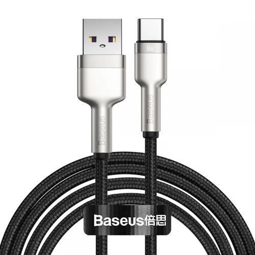 USB töltő- és adatkábel, USB Type-C, 200 cm, 6000 mA, 66W, törésgátlóval, gyorstöltés, cipőfűző minta, Baseus Cafule Metal, CAKF000201, fekete
