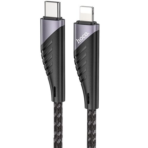 USB Type-C töltő- és adatkábel, Lightning, 120 cm, 3000 mA, 20W, törésgátlóval, gyorstöltés, PD, cipőfűző minta, Hoco U95 Freeway, fekete