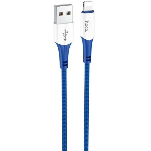 USB töltő- és adatkábel, Lightning, 100 cm, 2400 mA, törésgátlóval, gyorstöltés, cipőfűző minta, Hoco X70 Ferry, kék