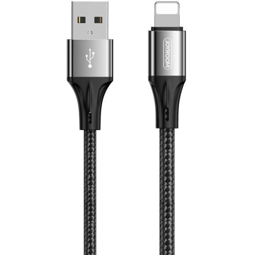 USB töltő- és adatkábel, Lightning, 150 cm, 3000 mA, törésgátlóval, gyorstöltés, cipőfűző minta, Joyroom N1, S-1530N1, fekete