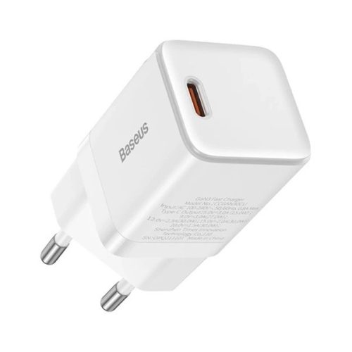 Hálózati töltő adapter, 30W, USB Type-C aljzat, gyorstöltés, PD 3.0, QC 4 Plus, GaN3, Baseus, fehér