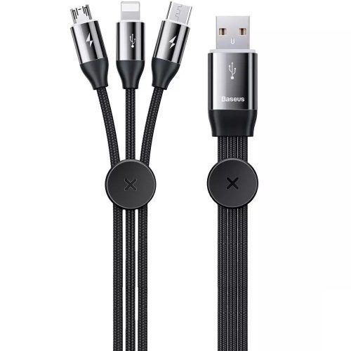 USB töltő- és adatkábel 3in1, USB Type-C, Lightning, microUSB, 100 cm, 3500 mA, gyorstöltés, cipőfűző minta, Baseus, CAMLT-FX01, fekete