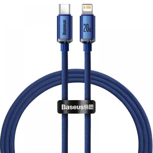 USB Type-C töltő- és adatkábel, Lightning, 120 cm, 20W, gyorstöltés, PD, cipőfűző minta, Baseus Crystal Shine, CAJY000203, kék