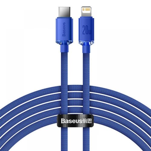 USB Type-C töltő- és adatkábel, Lightning, 200 cm, 20W, gyorstöltés, PD, cipőfűző minta, Baseus Crystal Shine, CAJY000303, kék
