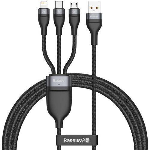USB töltő- és adatkábel 3in1, USB Type-C, Lightning, microUSB, 120 cm, 5000 mA, 40W, törésgátlóval, gyorstöltés, cipőfűző minta, Baseus Flash, CA1T3-G1, fekete