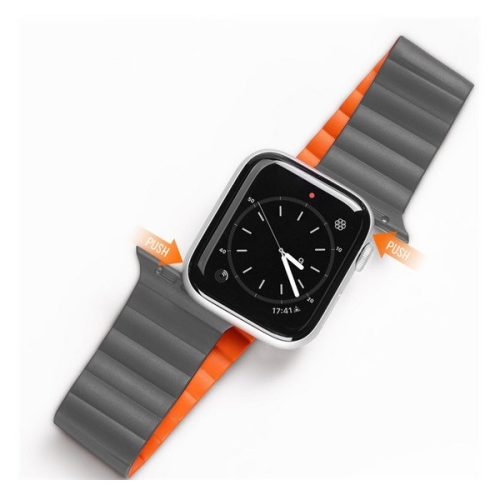 Apple Watch 1-6, SE (42 / 44 mm) / Watch 7 (45 mm), szilikon pótszíj, mágneses zár, Dux Ducis Chain, szürke/narancssárga
