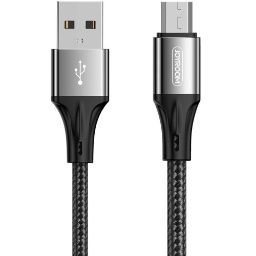 USB töltő- és adatkábel, microUSB, 150 cm, 3000 mA, törésgátlóval, gyorstöltés, cipőfűző minta, Joyroom N1 S-1530N1, fekete/ezüst