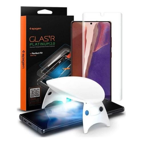 Samsung Galaxy Note 20 / 20 5G SM-N980 / N981, Kijelzővédő fólia, ütésálló fólia (az íves részre is!), Tempered Glass (edzett üveg), Spigen Glastr Platinum, Clear