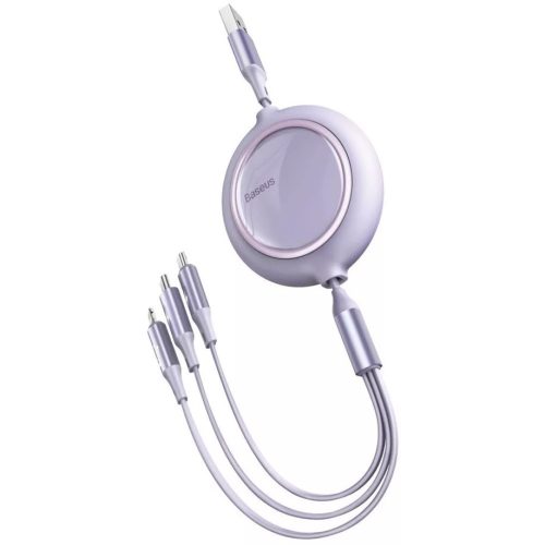 USB töltő- és adatkábel 3in1, USB Type-C, Lightning, microUSB, 120 cm, 3500 mA, gyorstöltés, lapos, feltekerhető, Baseus Bright Mirror, CAMLT-MJ05, lila