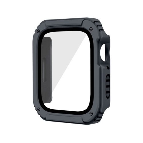 Apple Watch 4-6, SE (44 mm), Műanyag védőkeret, kijelzővédő üveggel, közepesen ütésálló, szíj nélkül, szürke